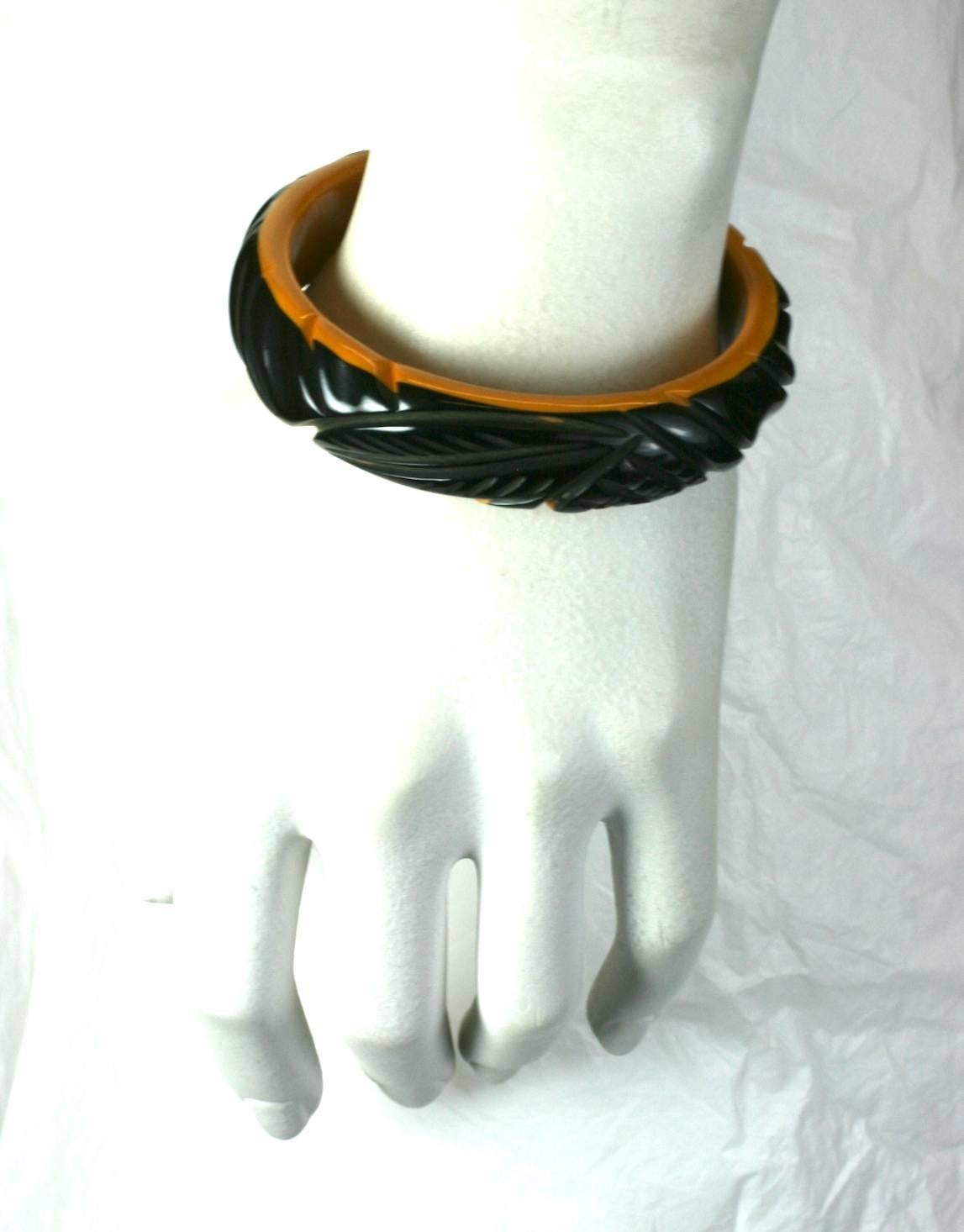 Carved Black to Cream Bakelite Bangle In Excellent Condition In New York, NY