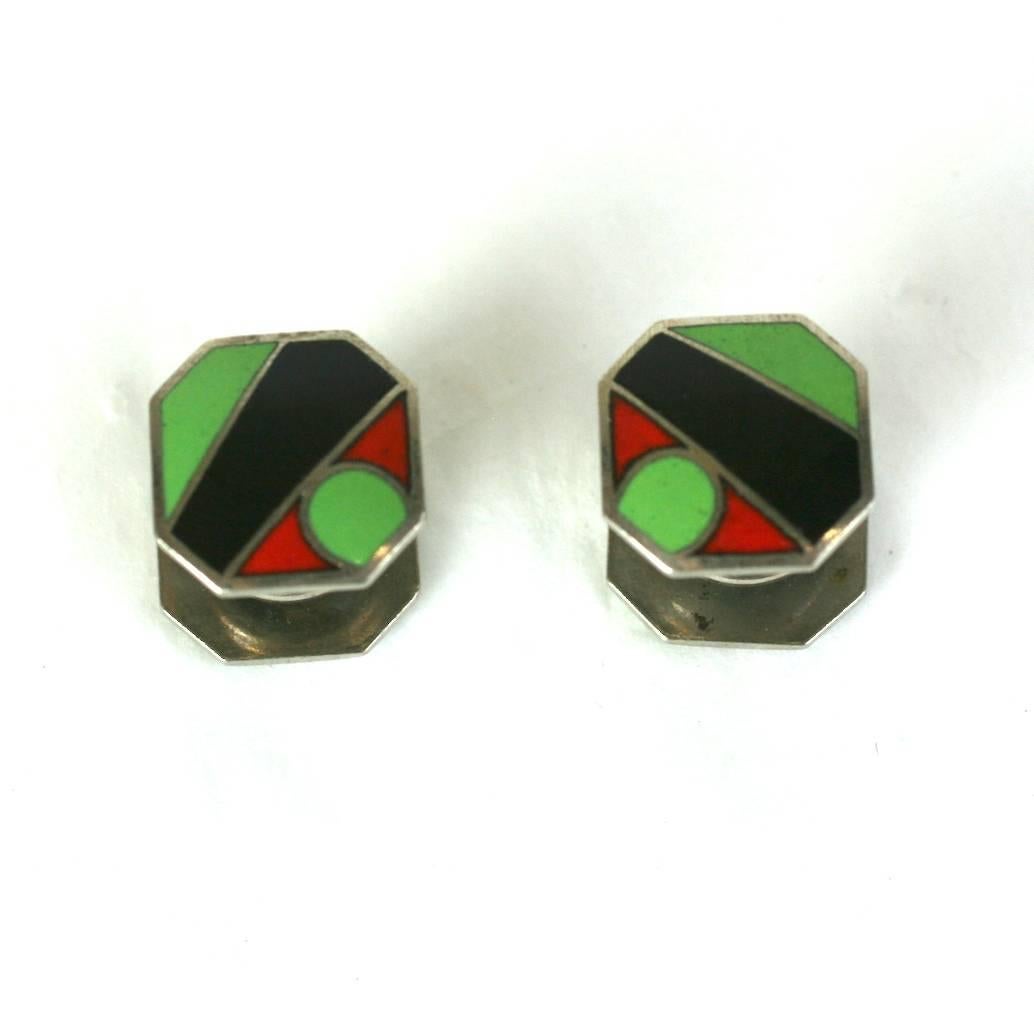 Art Deco Enamel Snap Links in chrome metal. Bright graphic design in red, lime and black. These 