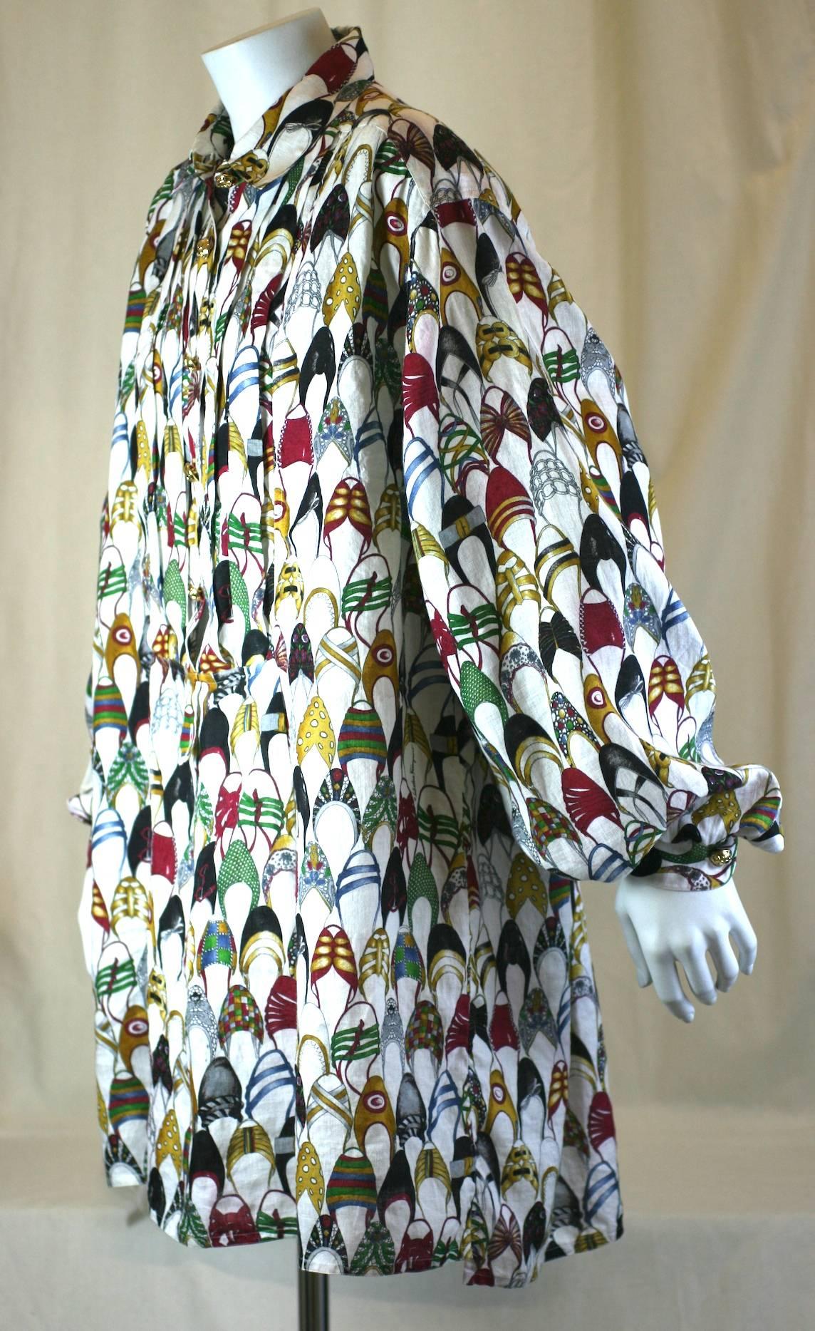 Fun Salvatore Ferragamo Shoe Print Linen Tunic with gold shoe buttons. Tuxedo style pleated bib with gathered yoke and full poet sleeves. 
Size: Large. Italy 1990's. Excellent condition. 
32
