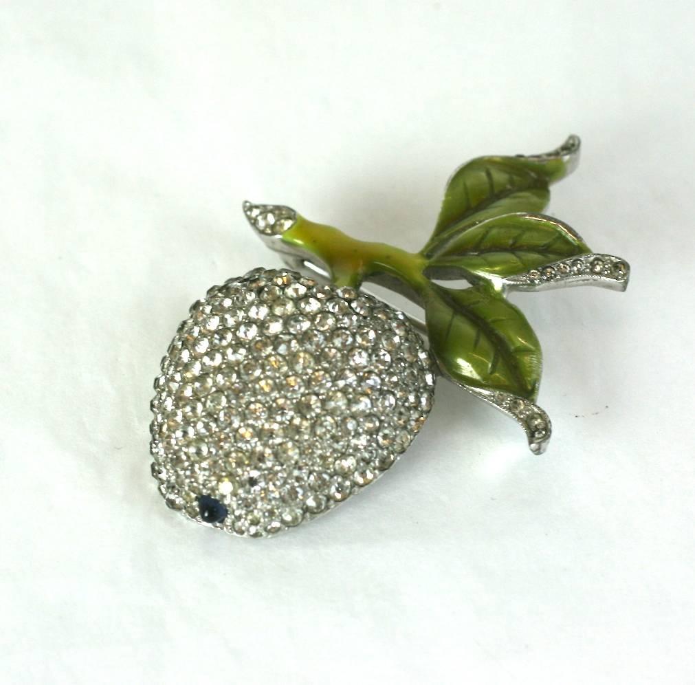 Fine Du Jay crystal pave apple with faux sapphire bullet cabochon at base. Signature transluscent and opaque  green cold enamel, 1930's USA.
Excellent Condition, Unsigned.
Length 2 1/8