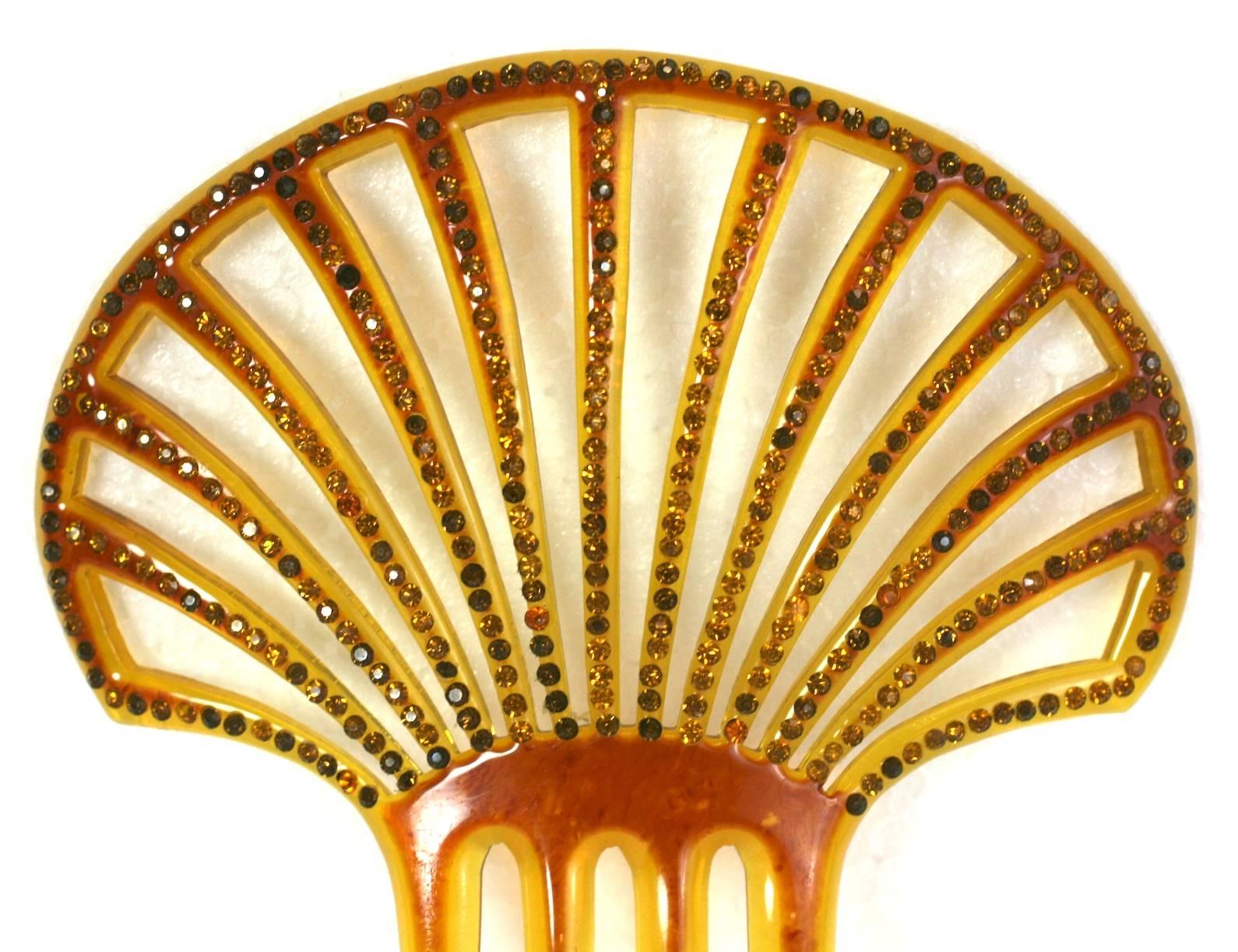 Art Deco Pierced Celluloid and Citrine Paste Comb In Excellent Condition For Sale In New York, NY