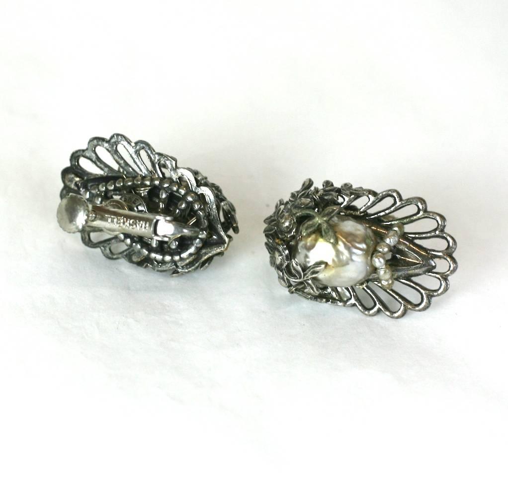 Miriam Haskell Silver Gilt and Pearl Earclips In Excellent Condition For Sale In New York, NY