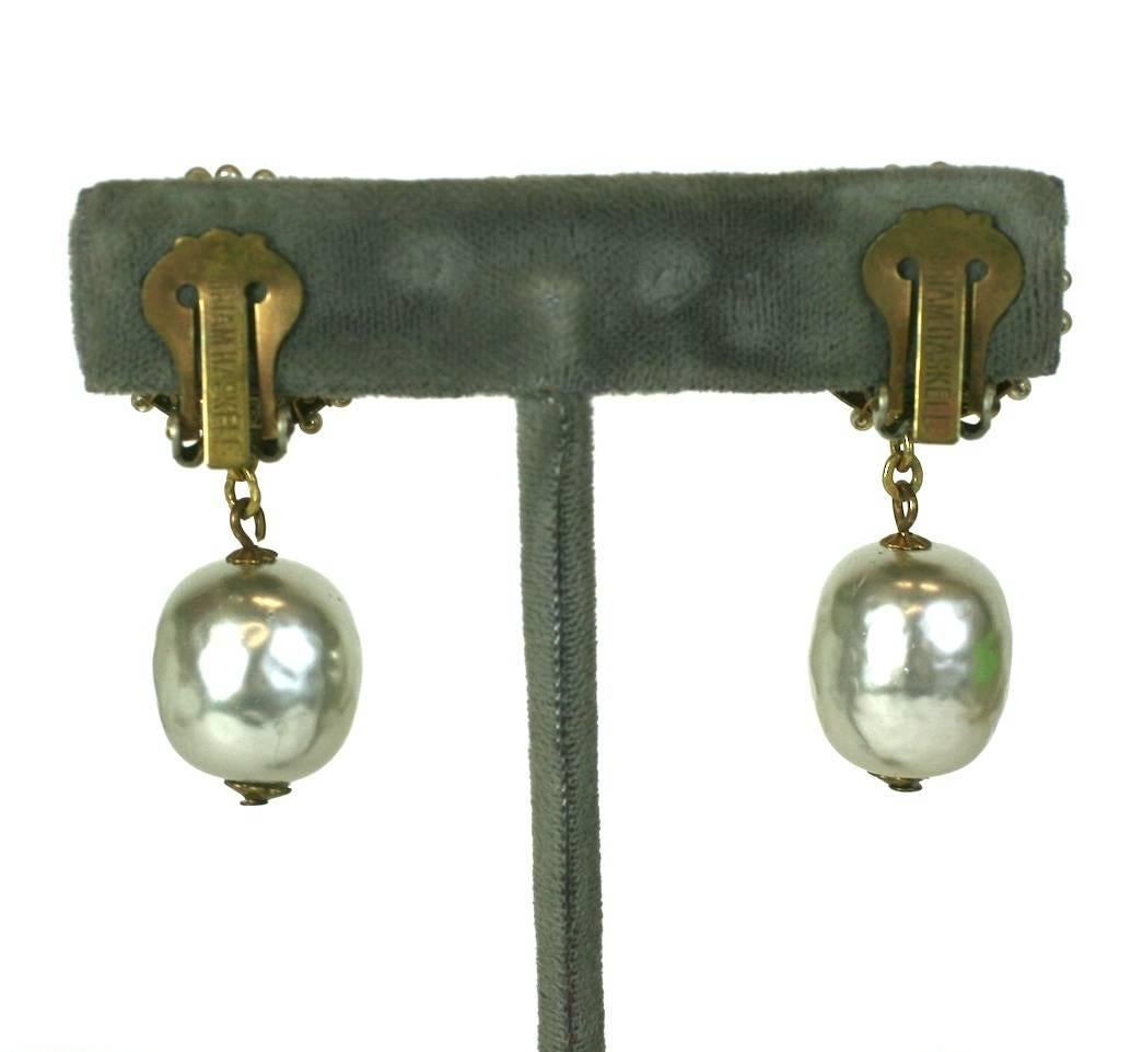 Miriam Haskell Seed Pearl Pendant Earclips In Excellent Condition For Sale In New York, NY