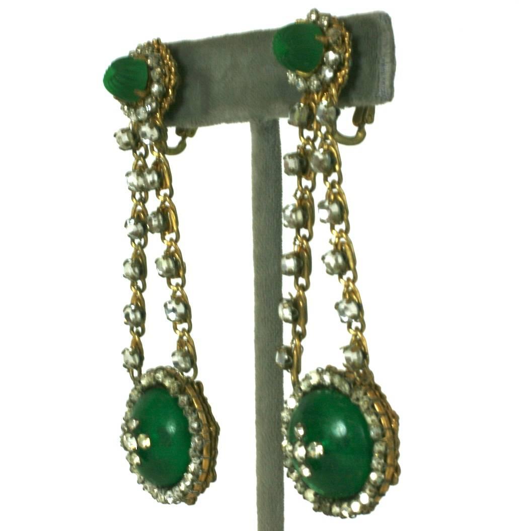 Elegant Miriam Haskell  long earrings of frosted cotele faux pate de verre emeralds, round cabochons, and  hand sewn crystal rose montes. All set in signature Russian gilt filigrees. Completely hand made with clip back fittings, 1940's USA.