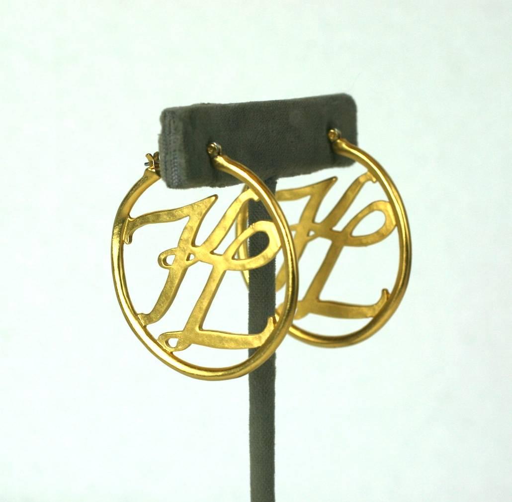 Karl Lagerfeld Gilt Logo Hoops for pierced ears. 1990's France.
Excellent Condition.
1 1/2