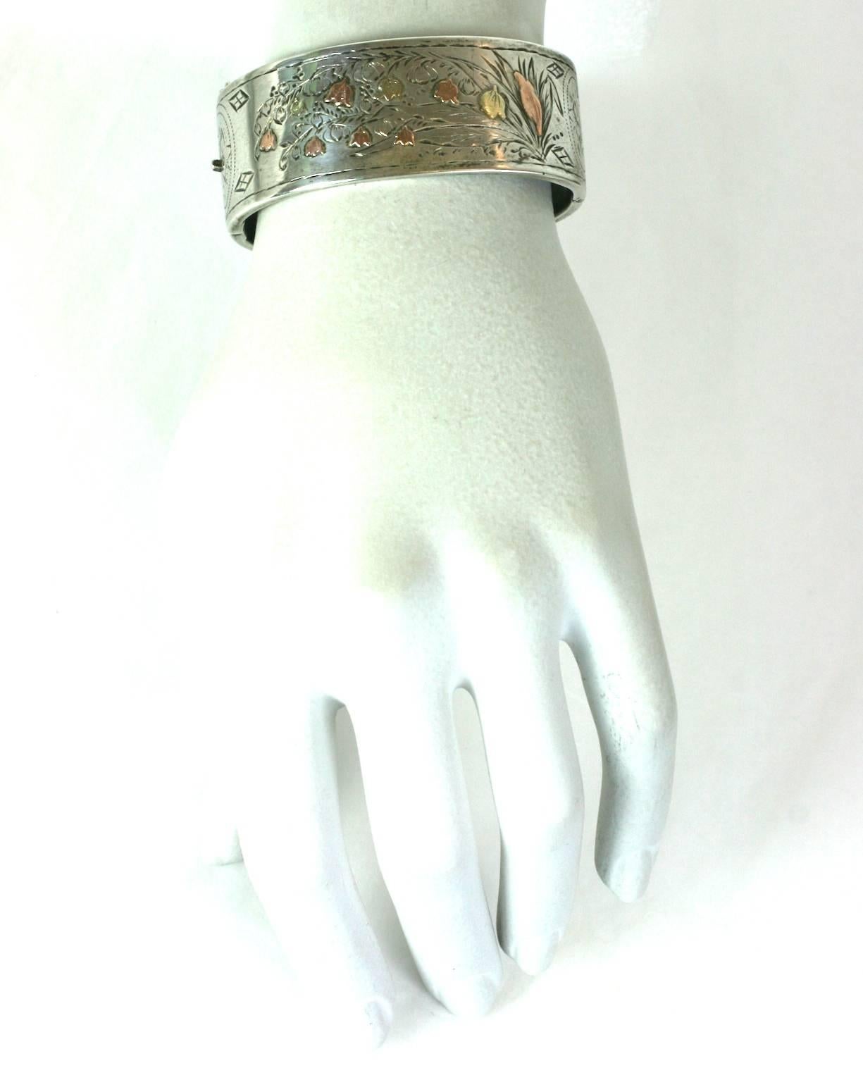 Victorian Mixed Metal Lily of the Valley Bangle In Excellent Condition For Sale In New York, NY