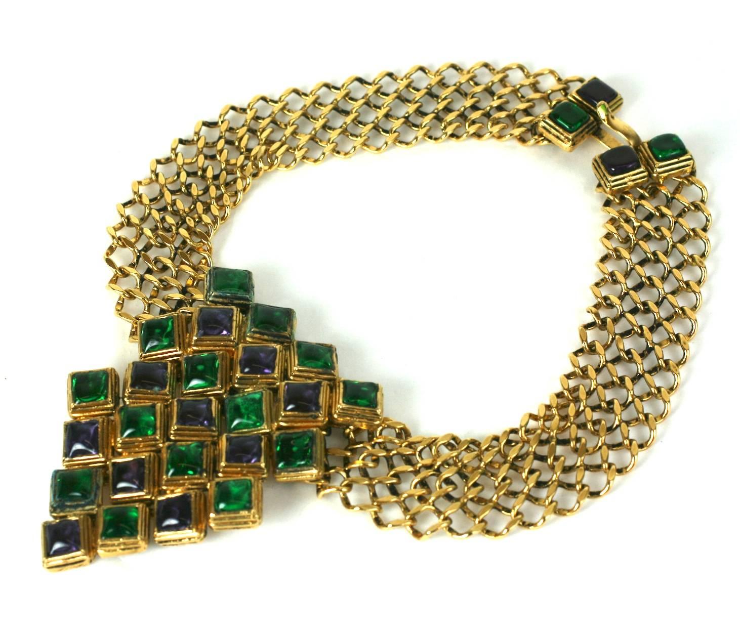 Maison Gripoix Collar, for Loewe runway. A large articulated centerpiece in emerald and amythest poured glass is attached to a wide chain link collar. Elaborate workmanship with original glass hook clasp. 1980's France.
Unsigned runway sample,
