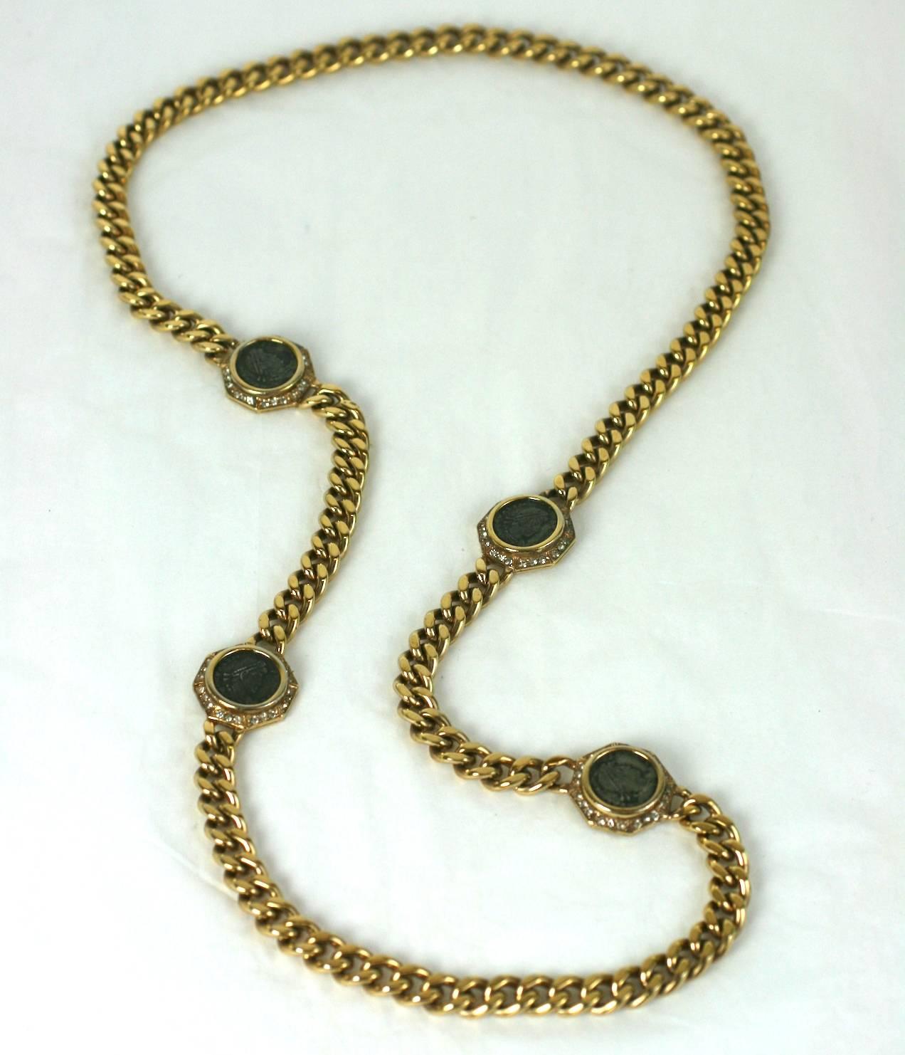 Ciner Ancient Coin Chain Necklace in the Bulgari style. Gilt curb link chain with stations of ancient coins set in pave settings. No Closure. 1980's USA. 34