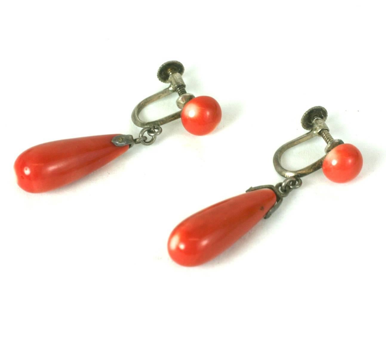 Red Coral Art Deco Drop Earrings set in silver with screw back fittings. 
1920's. Italian Coral with natural striations. 1.4