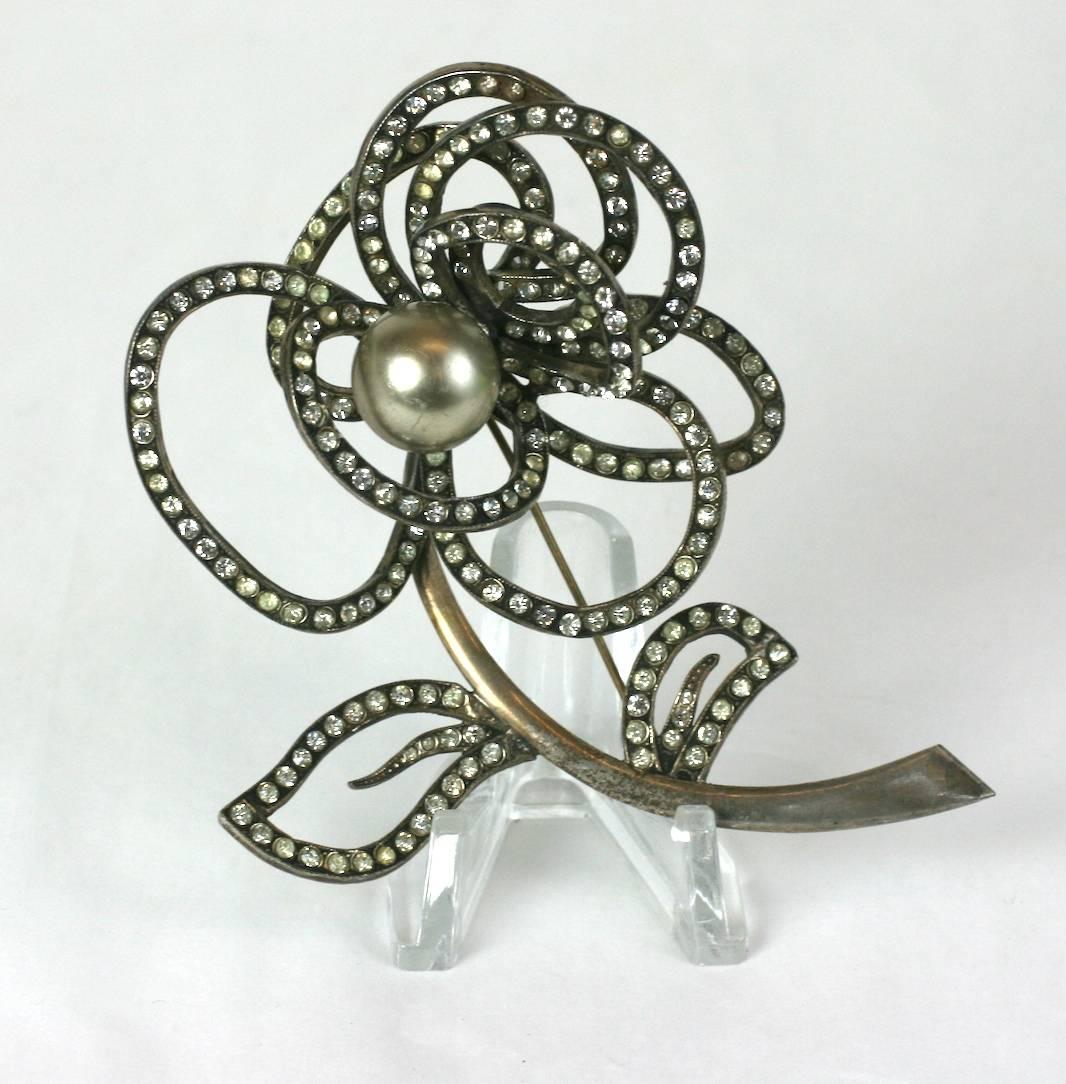 Women's Roger Jean Pierre Abstract French Crystal and Pearl Rose Brooch For Sale