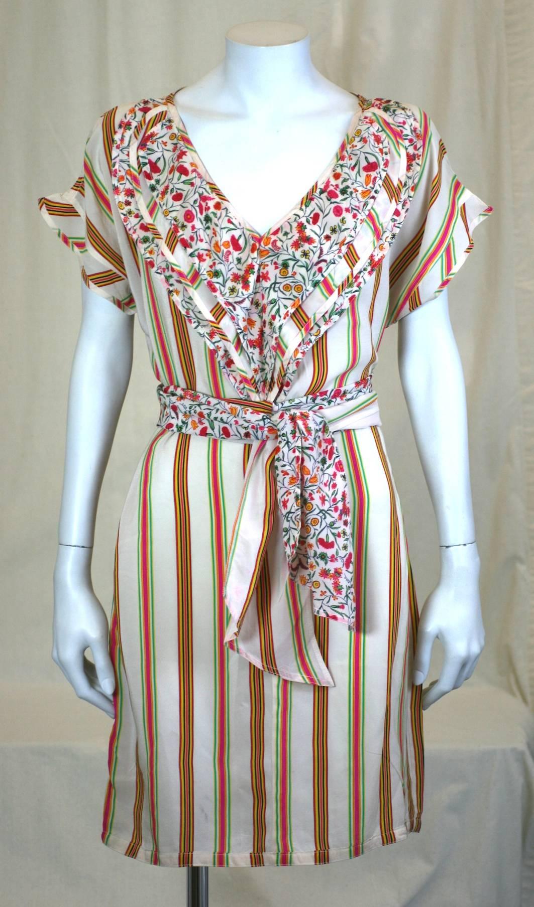 Early Gianni Versace Silk Crepe Floral-Stripe Melange Tunic or Mini dress. Multiple patterned flounces at neckline. Matching long double patterned scarf to use around neck or waist. Small size. 1980's Italy. 
Excellent condition. 