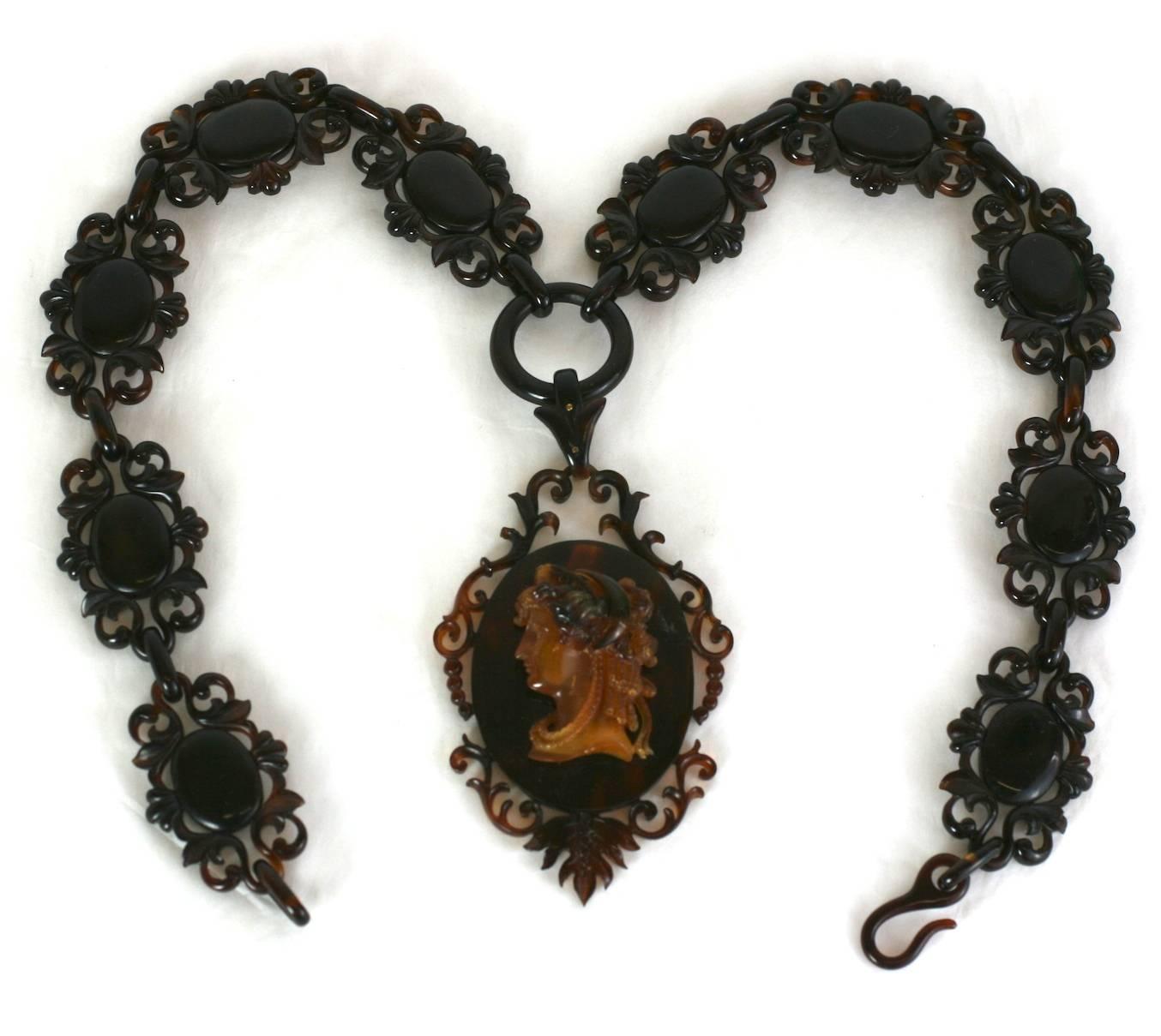 Wonderful Mid Victorian Tortoise Cameo Necklace. Massive and beautifully carved with central pendant depicting the Goddess Luna, personifying the moon and all her attributes....instinct, creativity, luck, femininity, water, miracles as well as