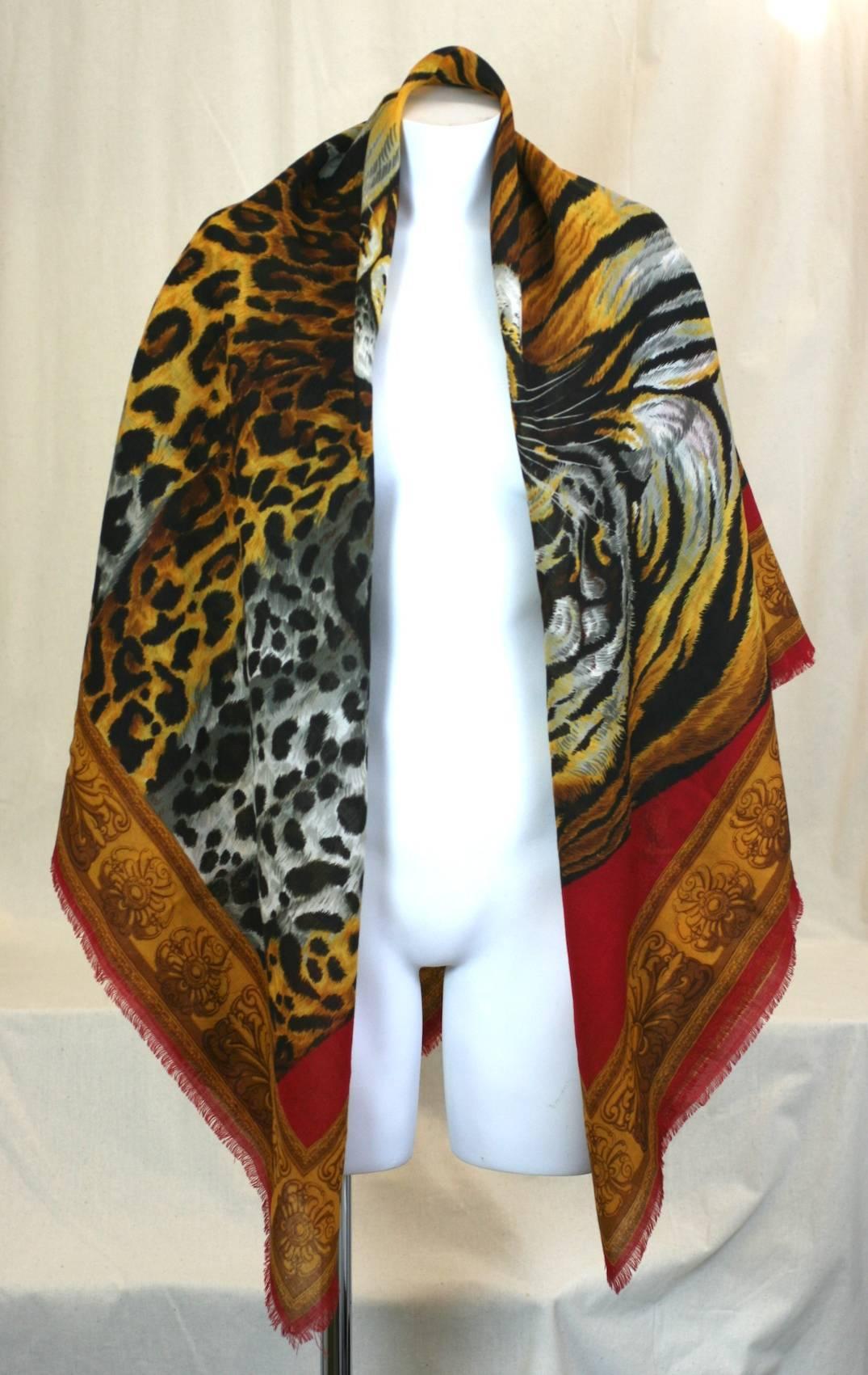 Massive and soft wool challis Shawl printed with Wild Cats (leopard and tiger).
Unlabeled but likely Italian from the high quality of the wool and printing. 1990's.
52