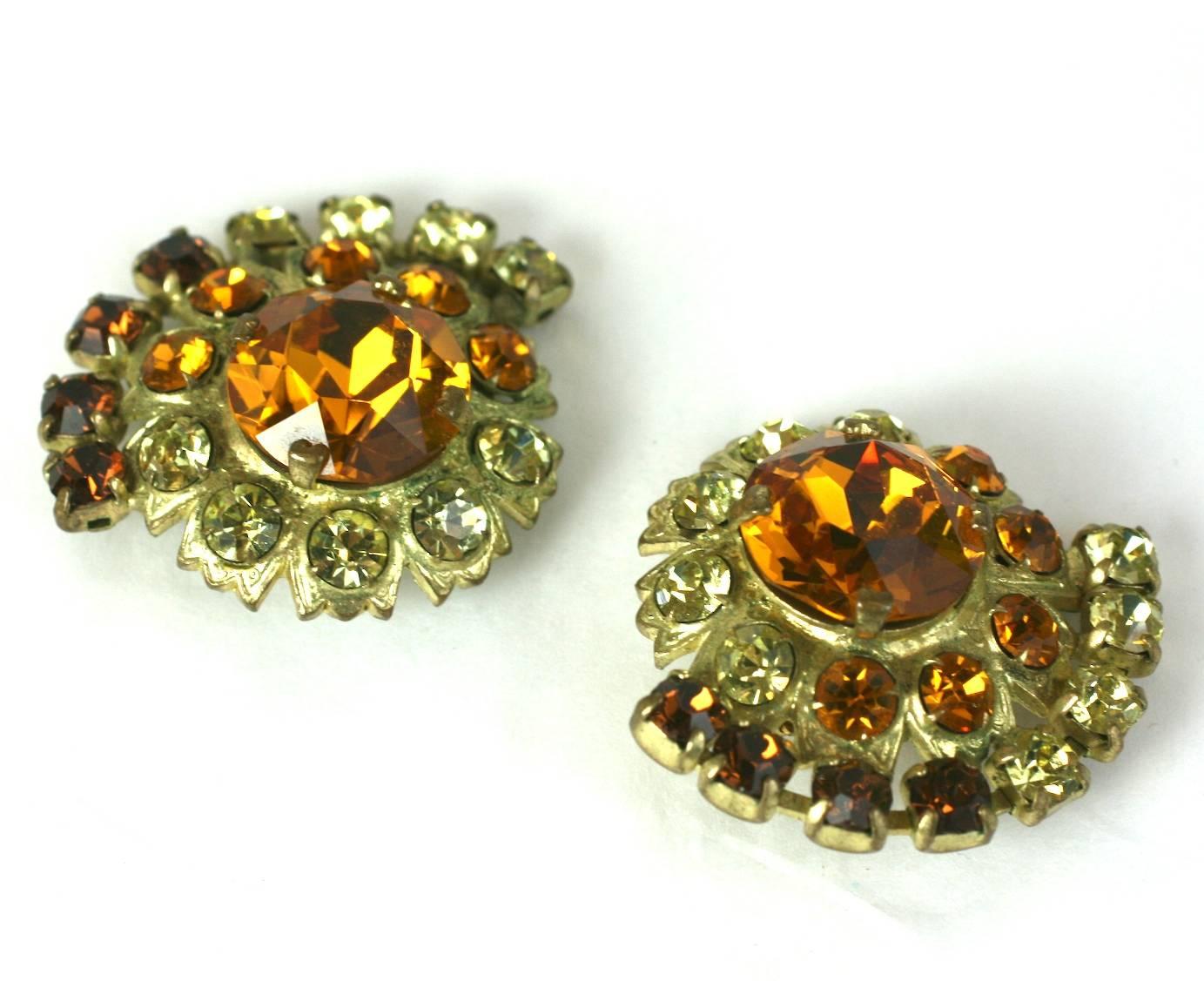 Countess Cis Citrine Paste earclips. Countess Cis is known for unusual color combinations and striking designs. Wonderful, varying shades of citrine and topaz. Signed 