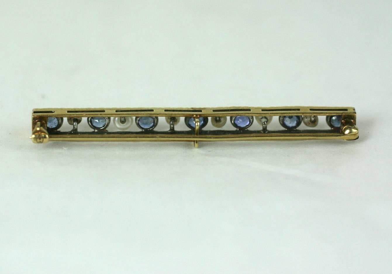 Brilliant Cut Edwardian Sapphire and Pearl Bar Pin For Sale