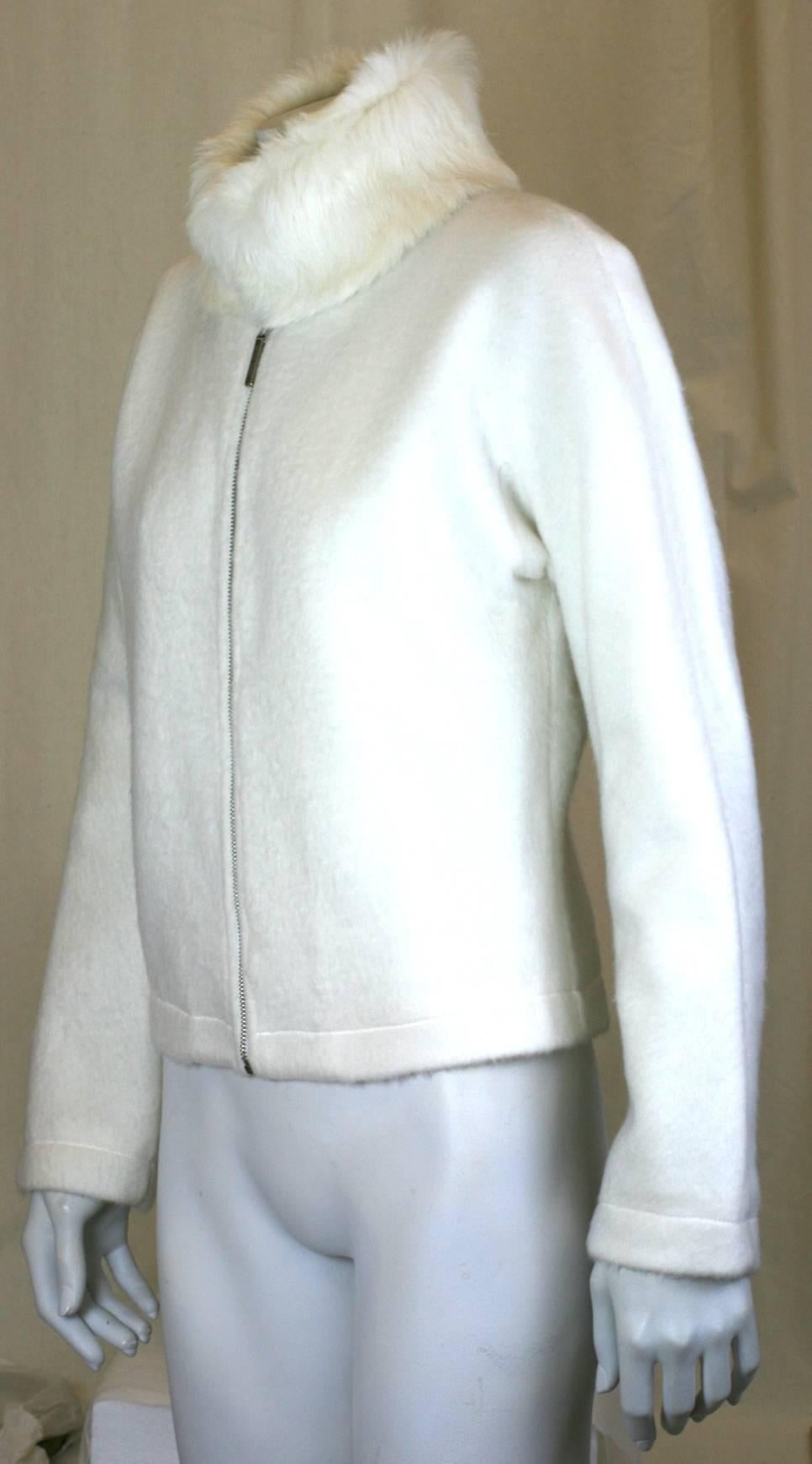 Moschino Felted White Fleece Zip front Jacket with cozy Rabbit Collar, fully satin lined. Excellent condition. 
Size 38. Small size. 1990's Italy. 

Length 21