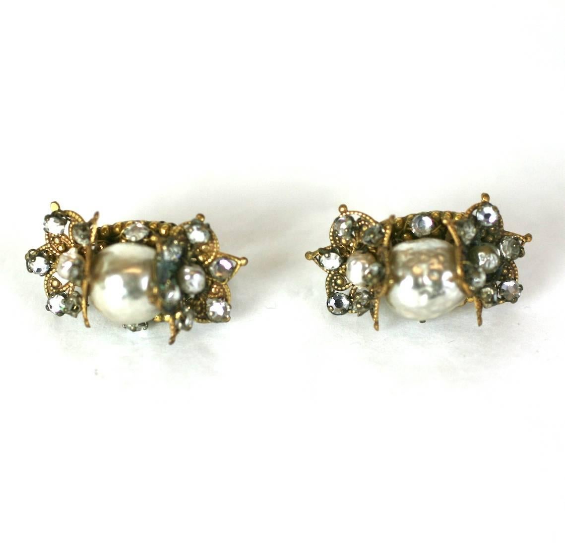 Miriam Haskell Baroque Pearl and Diamante Earclips In Excellent Condition In New York, NY