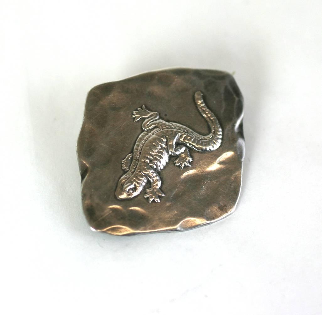 Rare Victorian sterling brooch in the Art and Crafts taste with a tiny newt motif made by the George Shiebler company. Charming subject matter, unusual for this company with a design suitable for men or women. 1890's USA. 
1.75