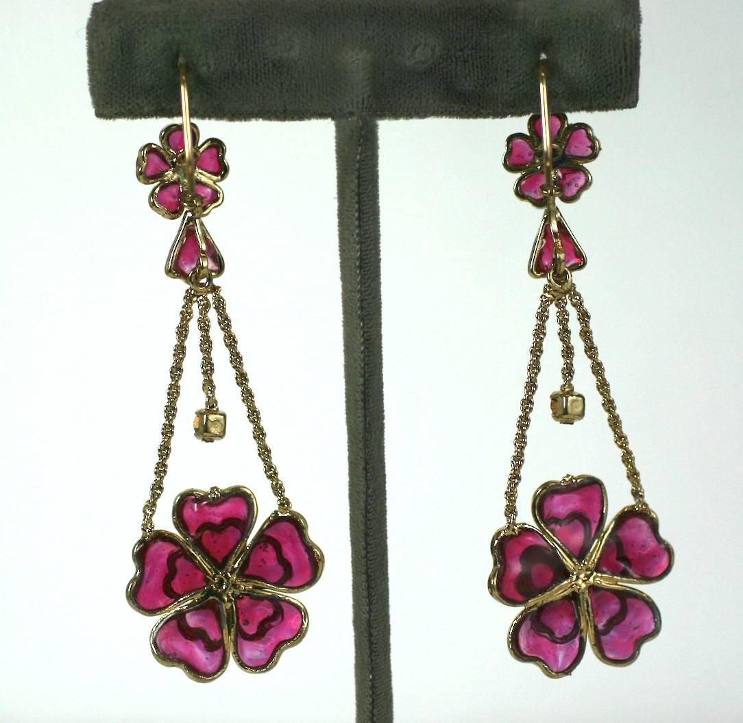 MWLC Napoleon III inspired long drop earrings, The intricate hand construction of these earrings made in the Antique style is exceptional. Settings are completely hand made and the labor intensive poured glass process is used for filling the petals