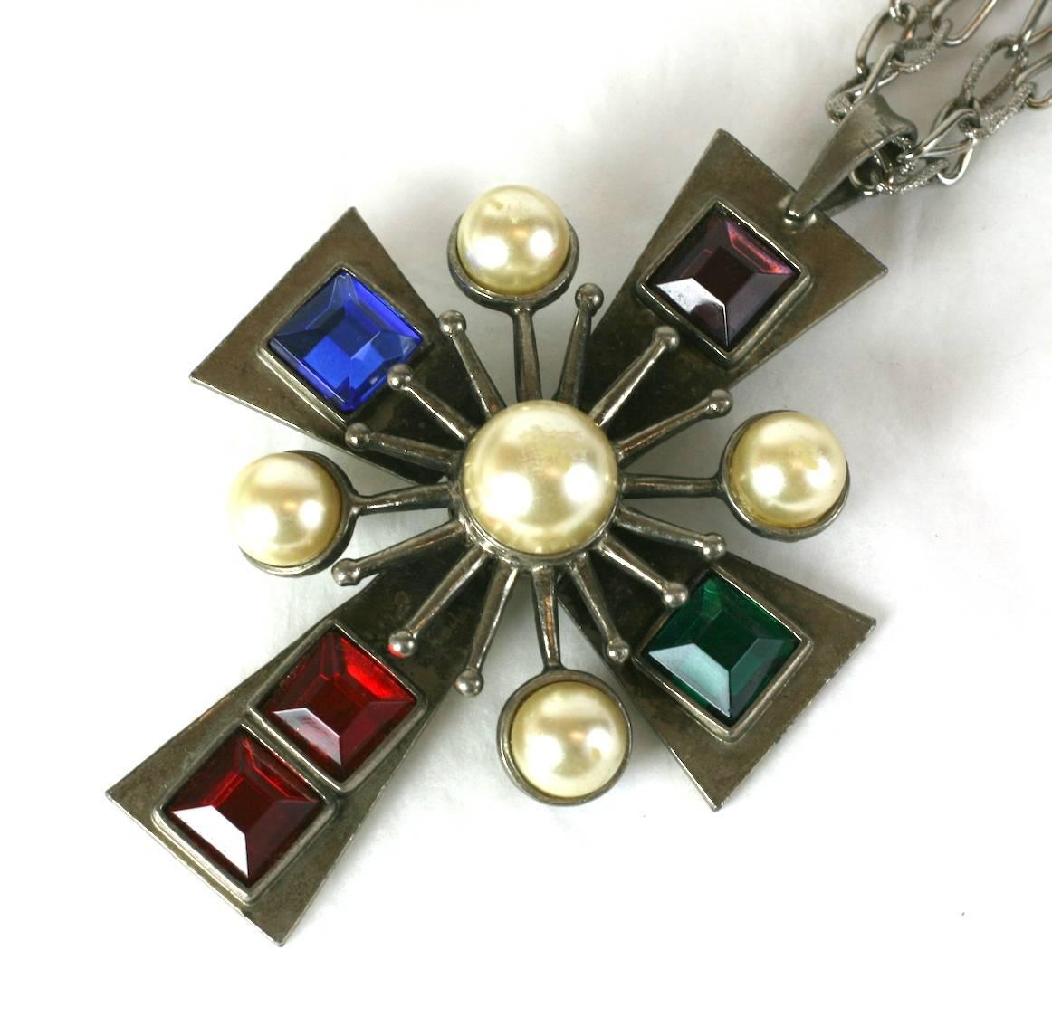 Large and early Yves Saint Laurent silver gilt metal Maltese Cross pendant necklace with faux round pearl cabochons further set with faceted cut square crystal pastes in faux ruby, amythest, emerald and sapphire.
Made in France 1970's.  
Length