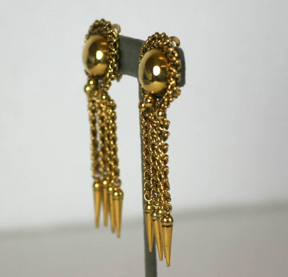 Massive and cool Italian Chain Fringe Earclips from the 1980's. Intricate chain links surround a large dome on ear with chain fringes below ending in pointed drops. 1980's Italy. 3.5