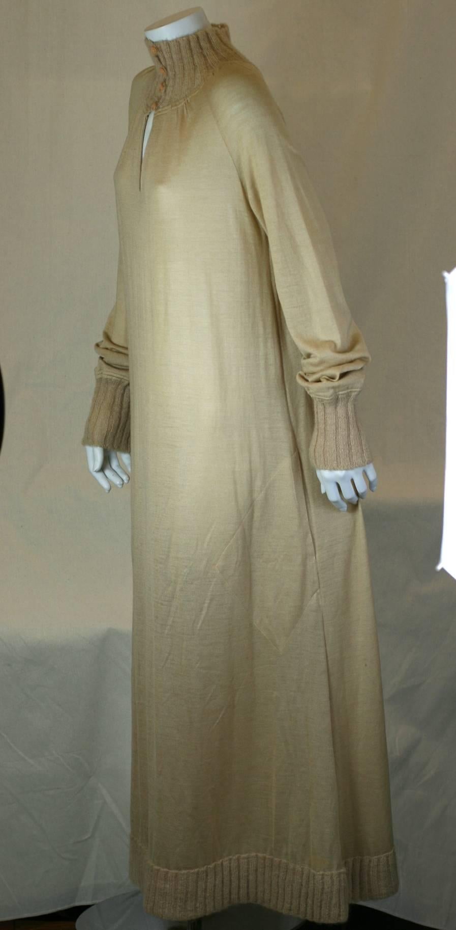 Long Sweater Knit Dress, Marc D'Alcy, Paris. Lightweight, wheat wool jersey knit with the contrast of wide and chunky mohair rib knit trim on the collar, wrists and hem. Great exaggerated maxi length. Side pockets. Easy to wear and great belted as