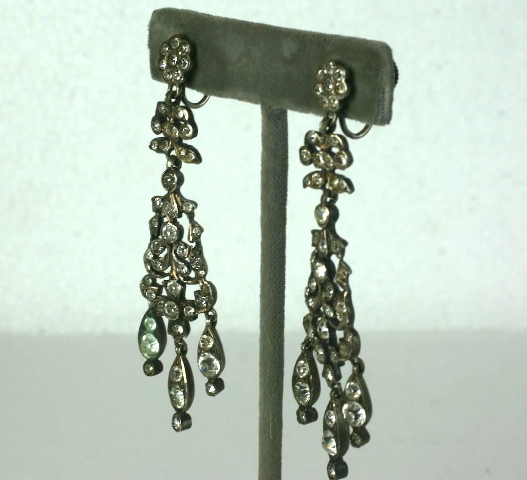 Lovely, long Victorian Paste Earrings set in sterling silver, closed back settings with elaborate, articulated Baroque design. 
France 1880's.  Screw back fittings. High quality manufacture. 
Made in France, 3