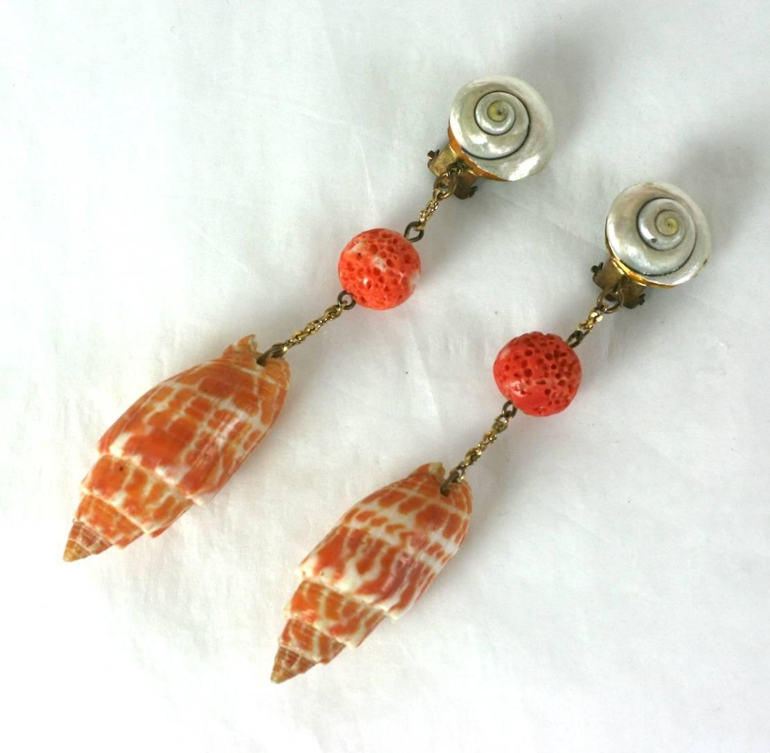 French sea shell and natural sponge coral long dangle ear clips with clip back fittings. 
Excellent Condition. 1950's France. 
Length 4