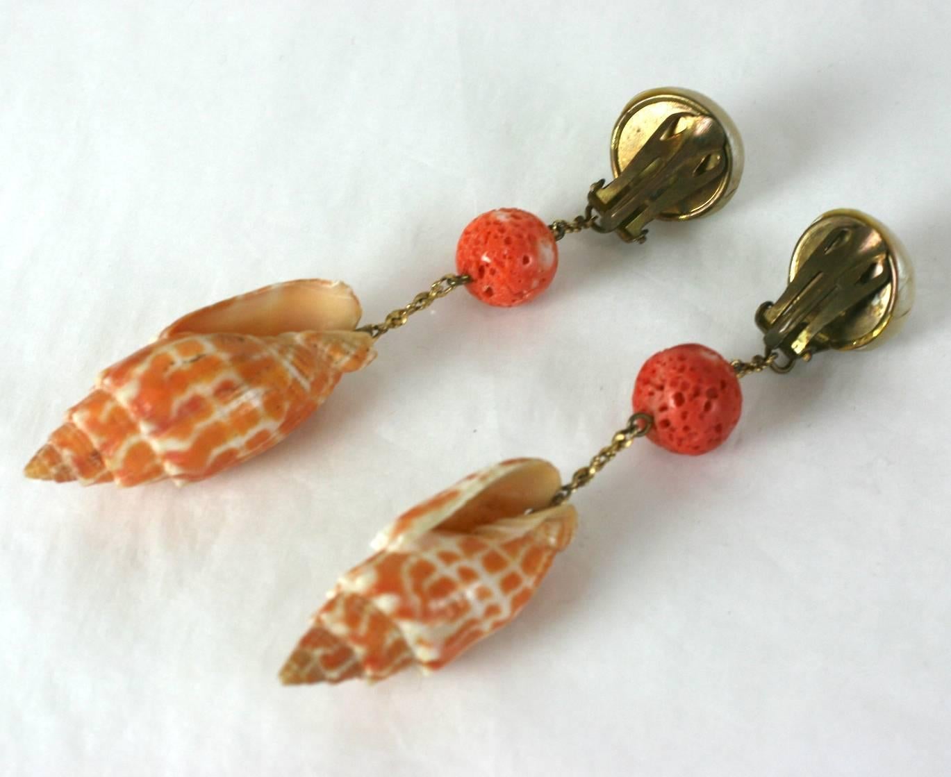  French Sea Shell and Coral Bead Long Earclips In Excellent Condition For Sale In New York, NY