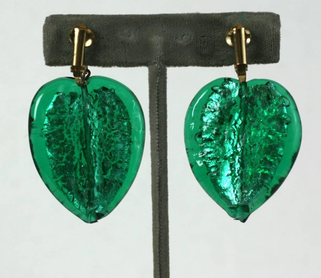 Huge Murano leaf assembled earrings made by Studio VL. Large emerald glass leaf beads with silver foiled interiors from Italy (1950's) are perfectly matched to dichrotic glass cabochons, made in Japan in the 1930's. Very nice effect. Clip back