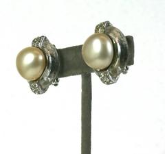 Kenneth Jay Lane Pearl and Crystal Ring Ear Clips
