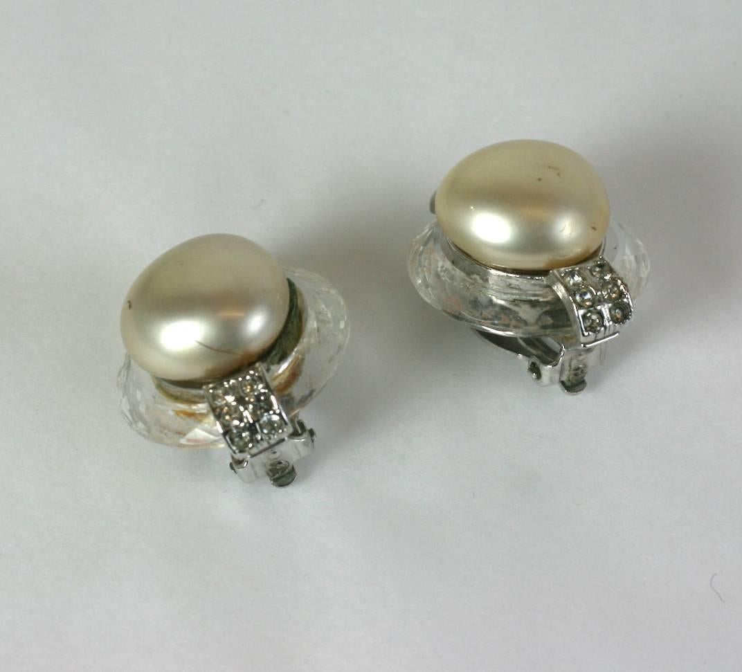 Kenneth Jay Lane Pearl and Crystal Ring Ear Clips For Sale 1