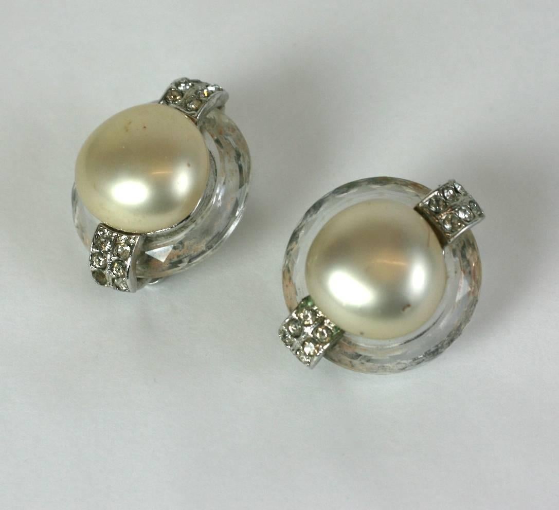 Women's or Men's Kenneth Jay Lane Pearl and Crystal Ring Ear Clips For Sale
