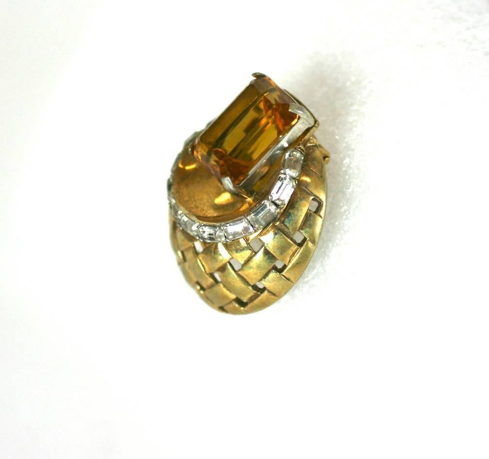 Striking and dimensional Mazer faux topaz and vermeil sterling silver basket woven 