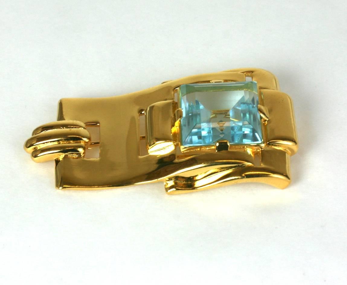 Trifari by Alfred Philippe, square cut faux aquamarine retro clip brooch. 
Gold plated metal. Signed Trifari. Striking scale and coloration. 1930's USA. 
Excellent Condition, L 2.75