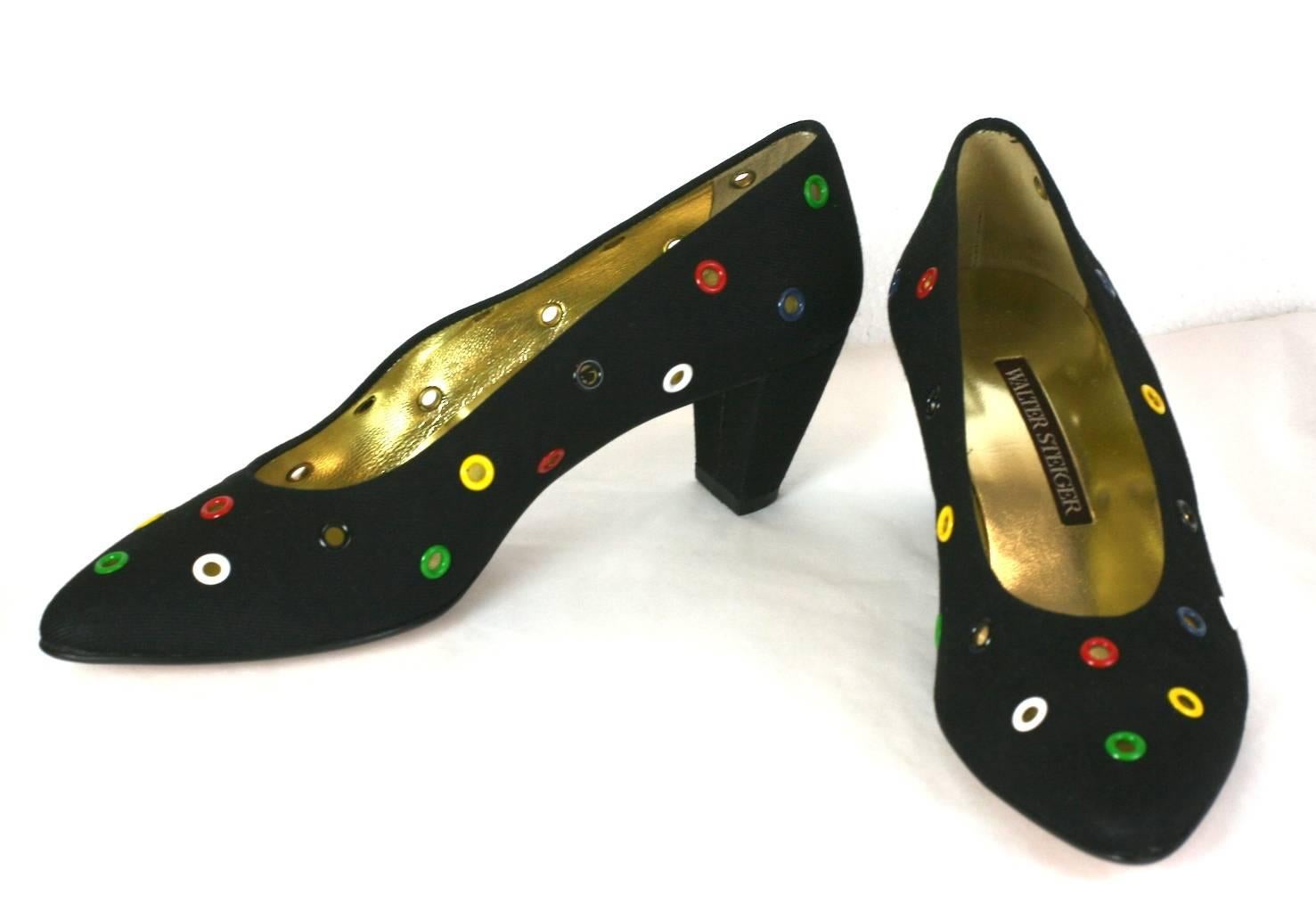 Walter Steiger Black Linen Pumps with Colorful Eyelets, lined in gold kid leather. Steiger's shoes were always powerful, vibrant and edgy at the same time. He had eponymous boutiques and collaborated with many fashion houses as well in Paris for