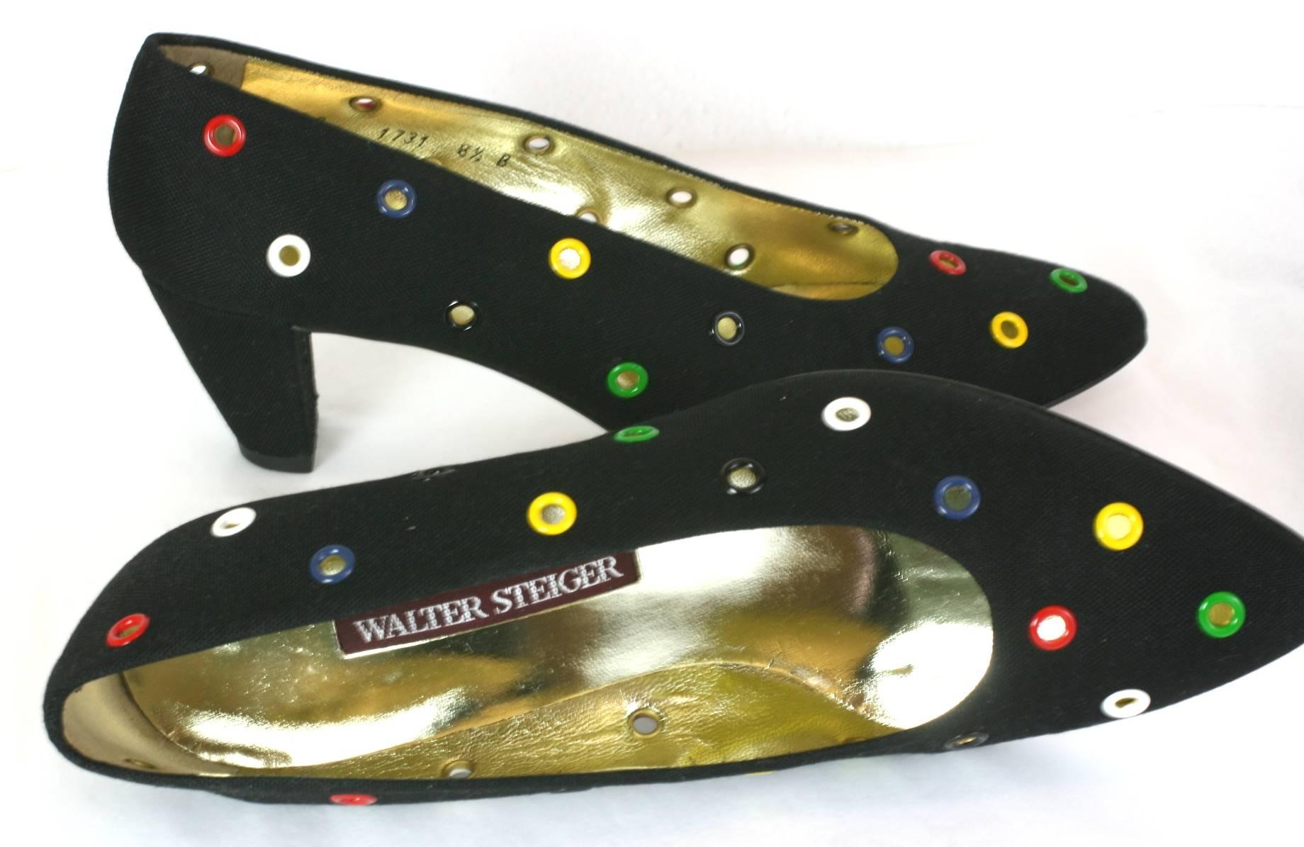 Walter Steiger - Escarpins en lin noir avec œillets colorés Pour femmes en vente