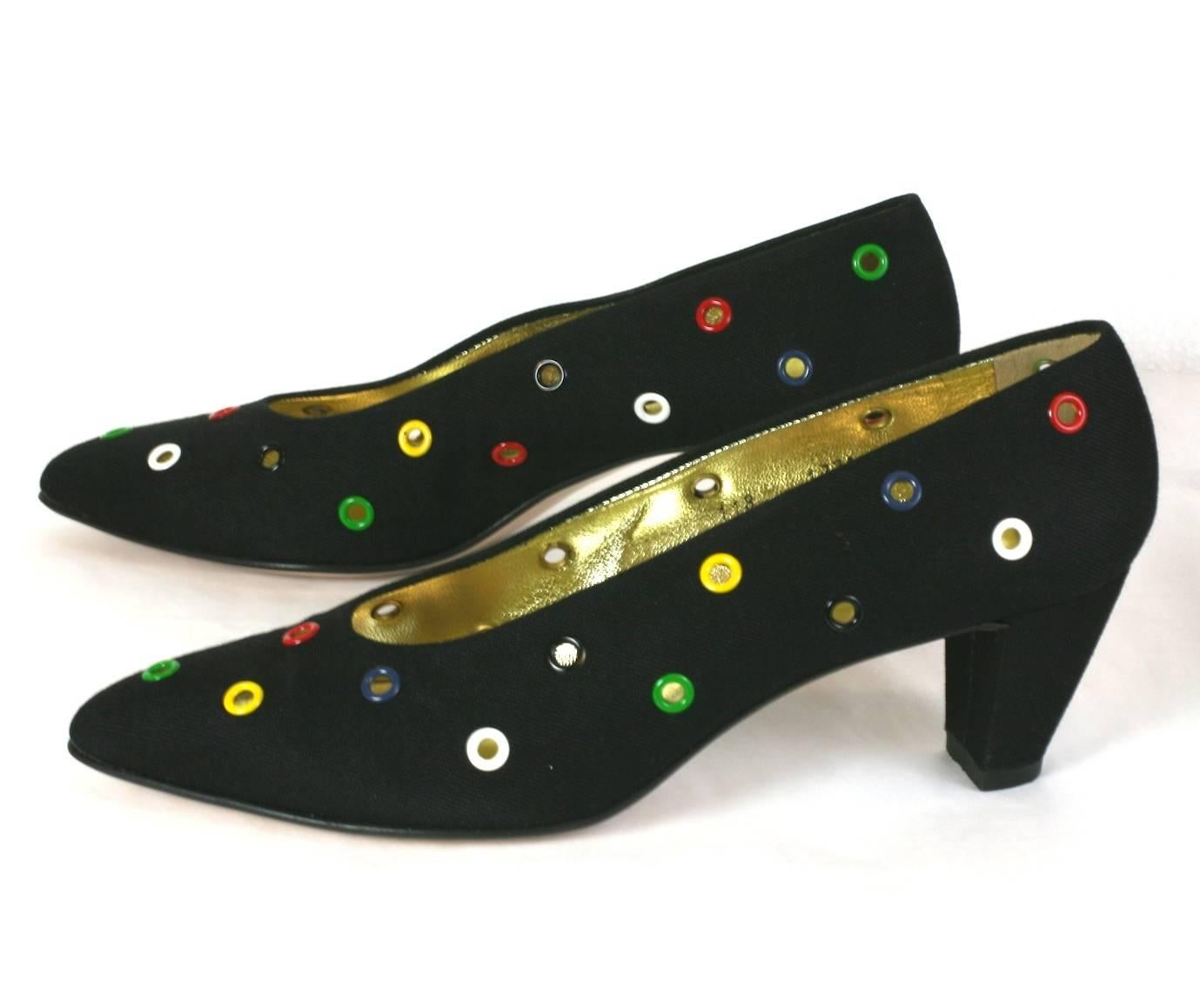 Noir Walter Steiger - Escarpins en lin noir avec œillets colorés en vente