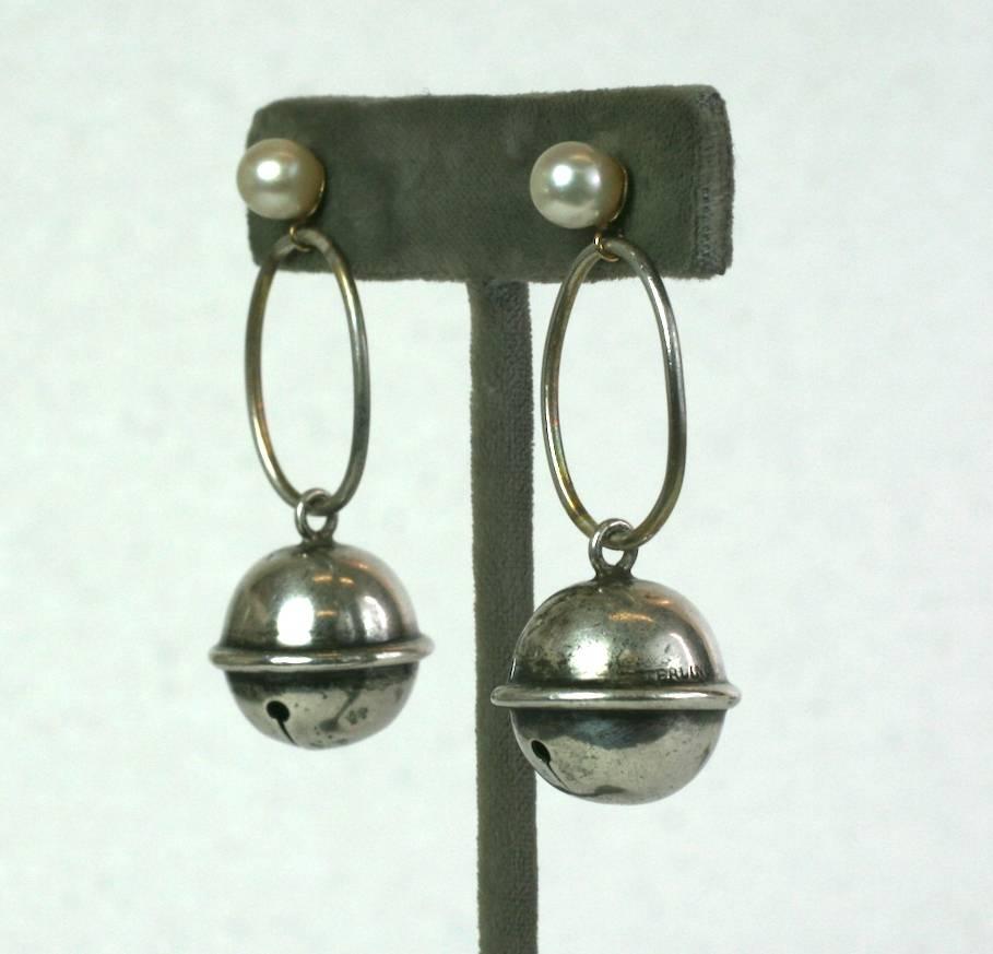 One of a kind Cultured Pearl and Bell Earrings, modernized and reconfigured from antique elements. 
1950's Pearls set in 14k gold with 19th Century sterling bells.  Post fittings. Bells function. 2