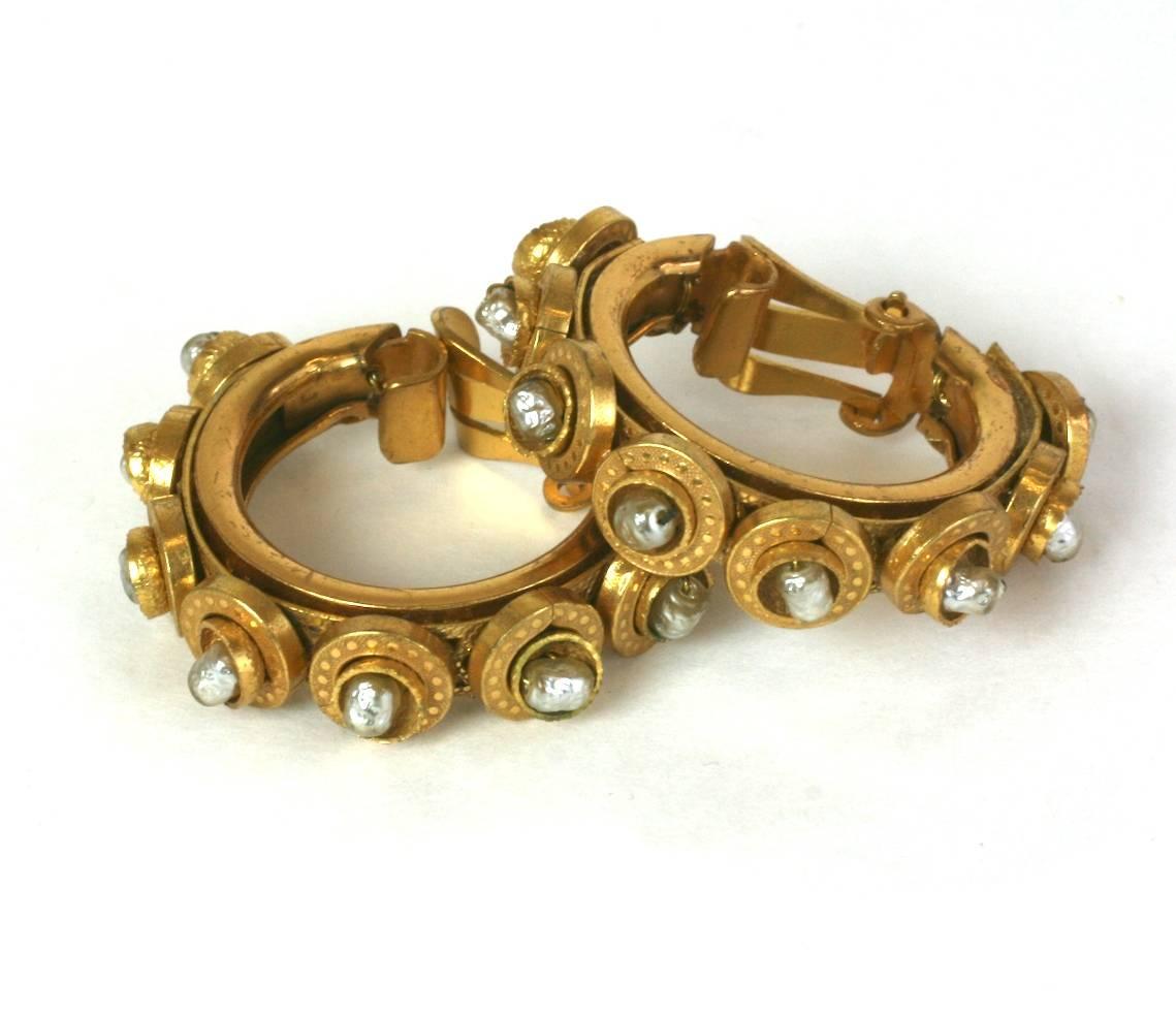 Women's Miriam Haskell Pearl and Gilt Hoop Earclips For Sale