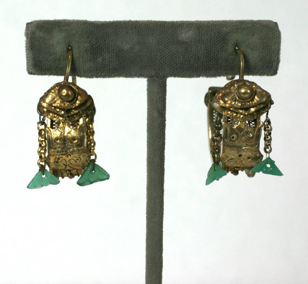 Antique Chinese Filigree Hoops from the early 20th Century. Elaborate hoops of lovely filigree work with faux jade glass pendants.  Original ear wires. 1900 China. Gilt metal. Approx .6