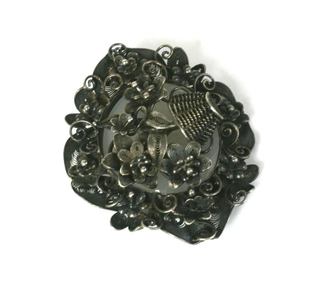 Victorian English Silver Filigree Basket Brooch In Excellent Condition For Sale In New York, NY
