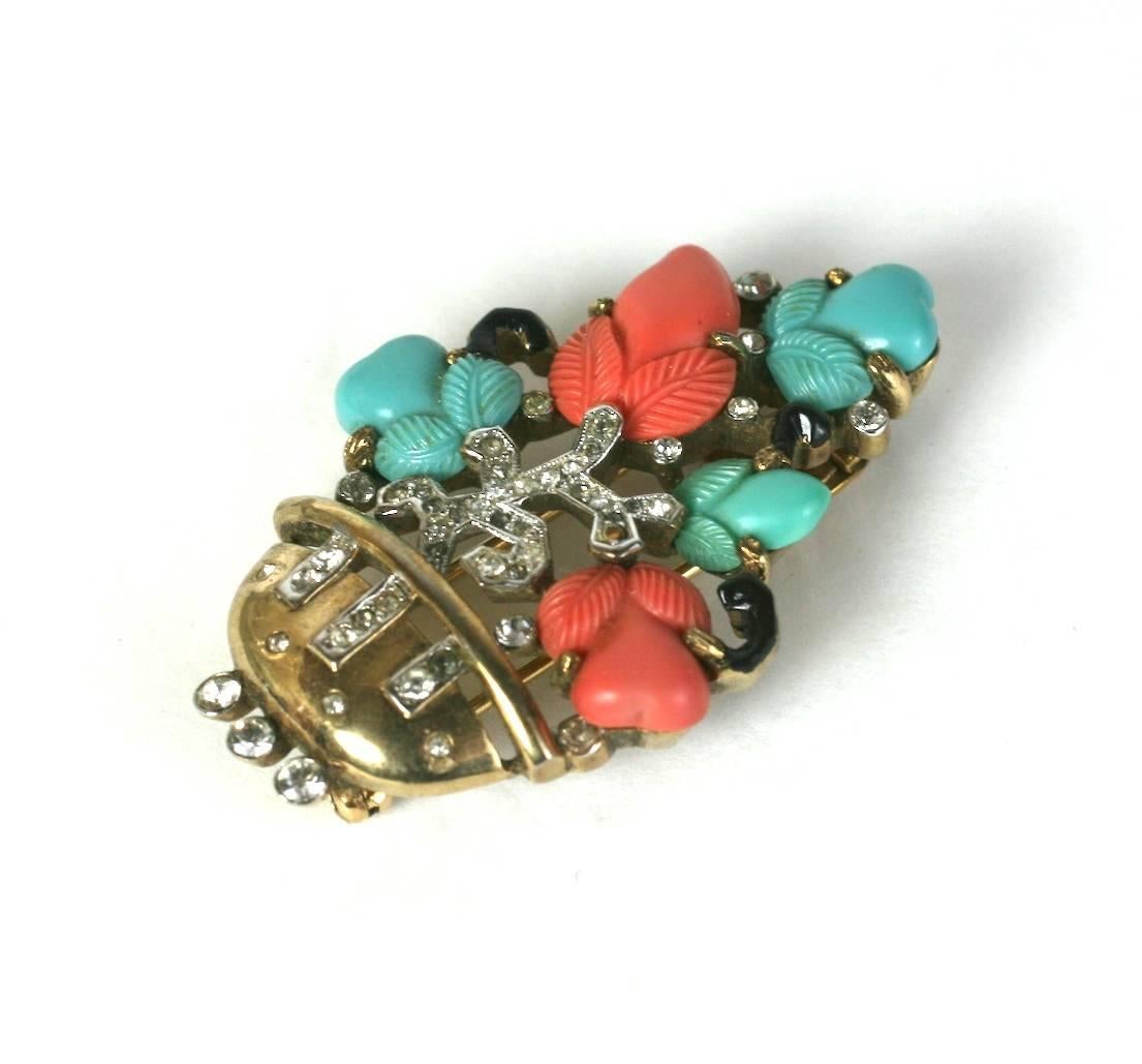 Trifari, by Alfred Phillipe Chinoiserie potted tree clip brooch of pastel faux coral, jade and turquoise pressed glass 