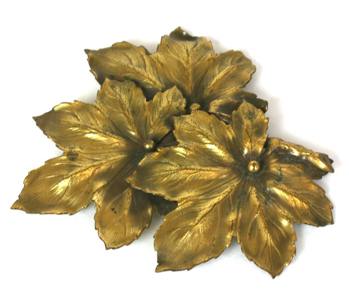 Joseff of Hollywood Leaf Clip from the 1940's. 3 large leaves are rendered in signature Joseff matte green gold. Large and striking scale. Excellent condition. 1940's USA. 
3