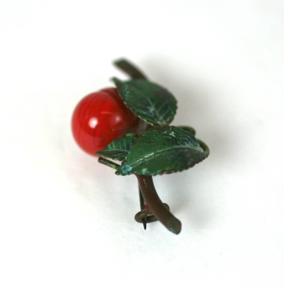 Vienna Bronze cold enameled cherry branch brooch with handmade lamp work 
 naturalistic glass cherry. 
Circa 1900 Austria. Excellent Condition
Length 1.75"
Width 1"
