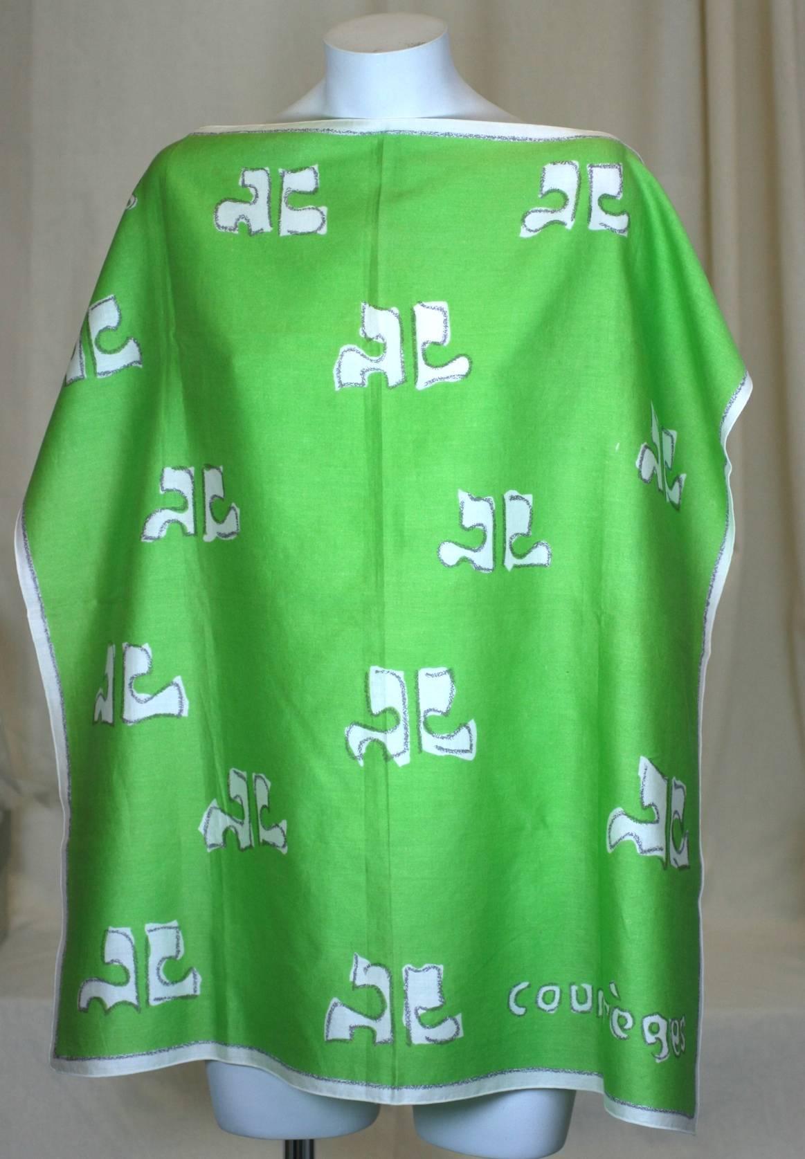 Andre Courreges Cotton Sateen Logo Scarf in lime green and white. Charming "hand drawn" graphics. 
1960's France. 28" x 28".
Excellent condition. 