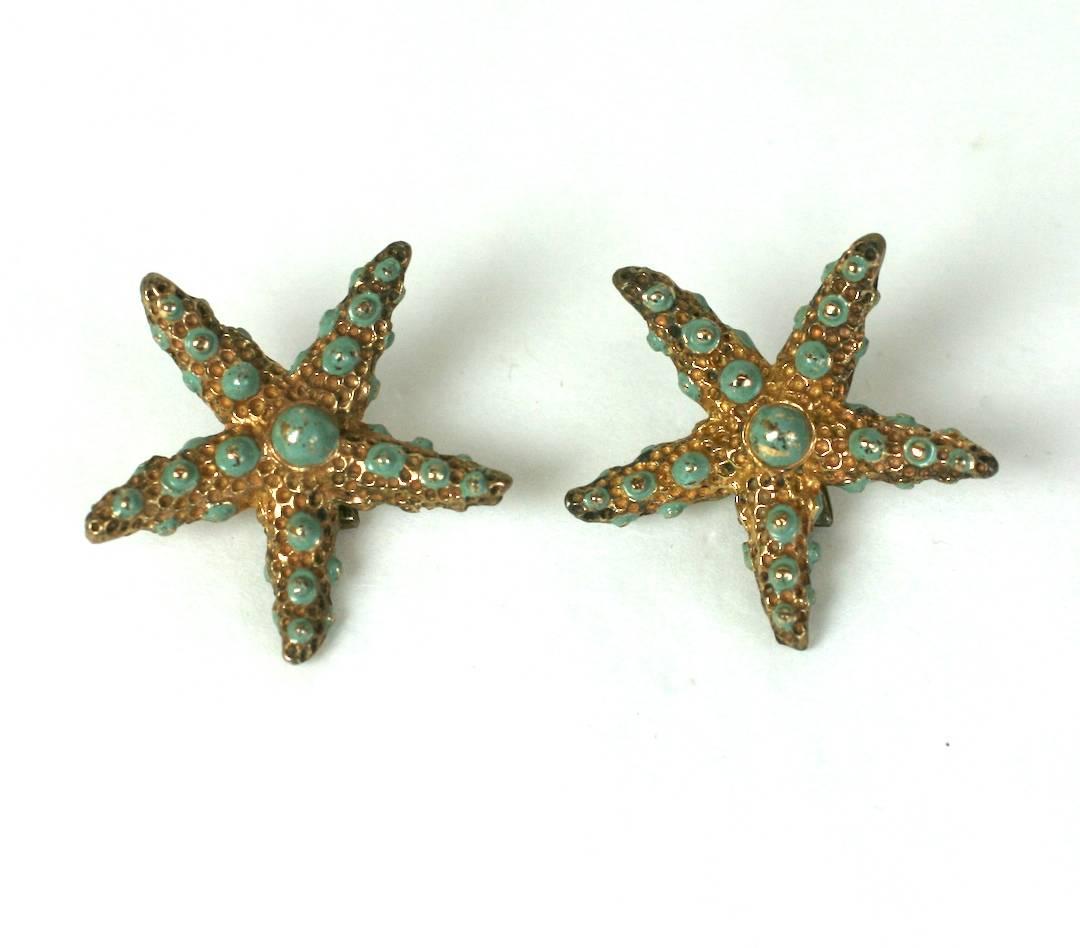 Ralph DeRosa Sterling Vermeil Retro Starfish Suite from the 1940's. The sterling silver is plated in rose gold and then cold painted in an unusual green enamel. Clip back fittings on earrings. 1940's USA.  Brooch 2.25