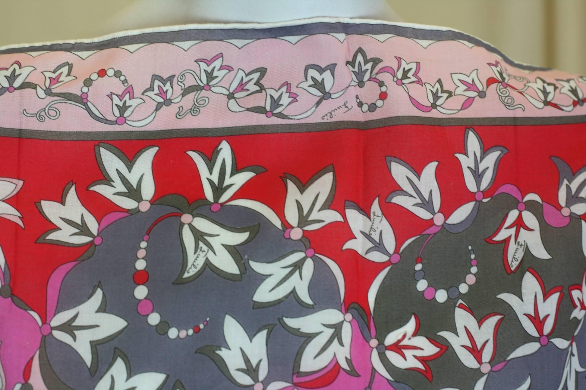 Gray Emilio Pucci Pink and Red Floral Cotton Scarf For Sale