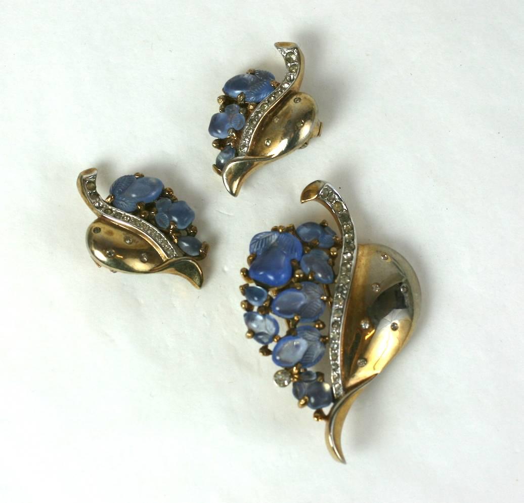 Trifari Alfred Phillipe Floral leaf parure of blue opal  molded glass 