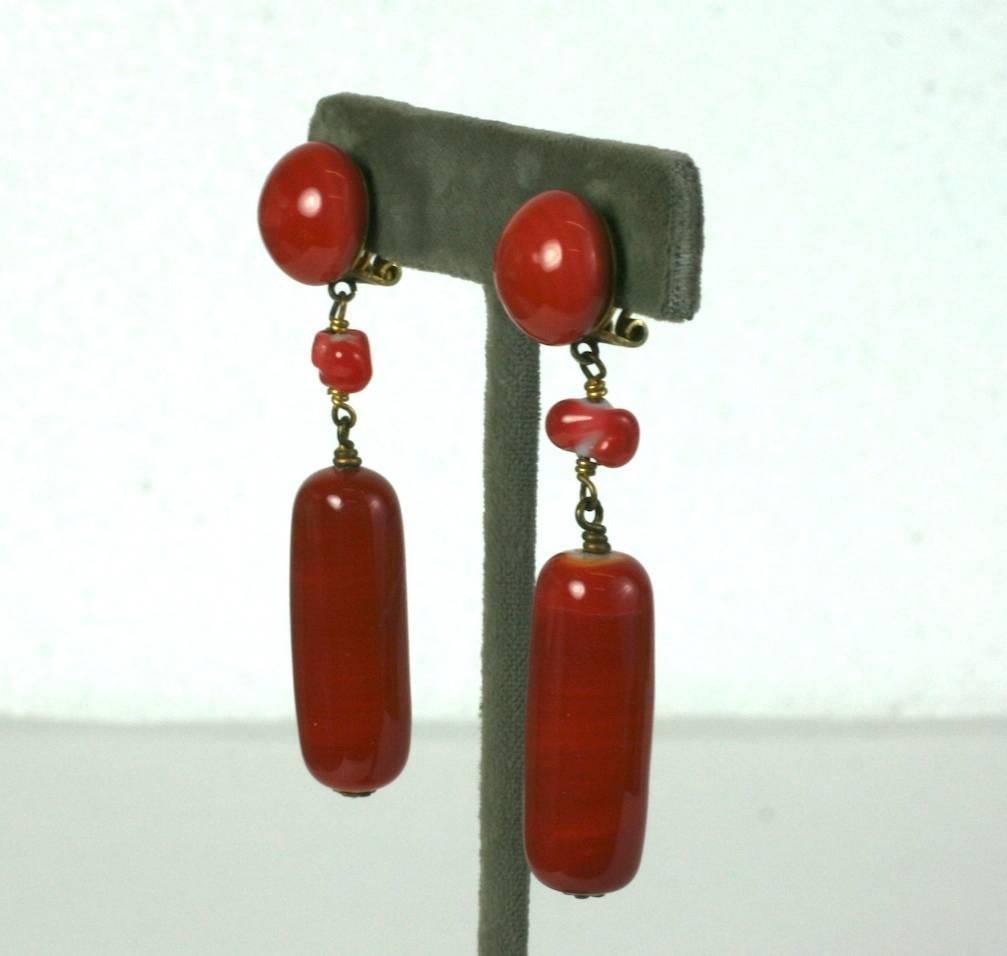 Louis Rousselet Art Deco faux coral drop earrings of hand made pate de verre glass beads.
1920's France. Clipback Fittings. Excellent Condition. 
Length 2.50"
Width .50"